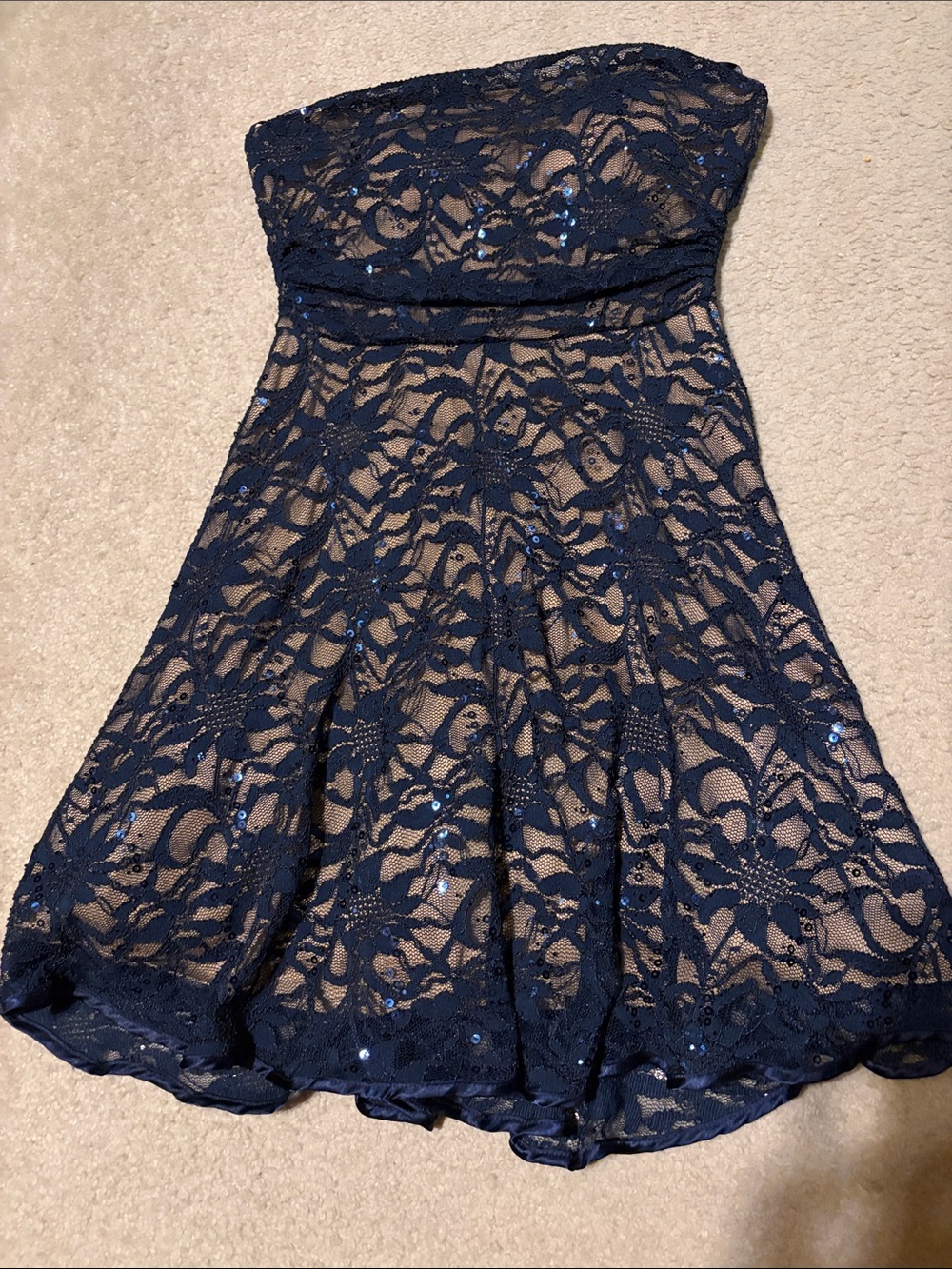 Navy Strapless Lace Sequin Dress